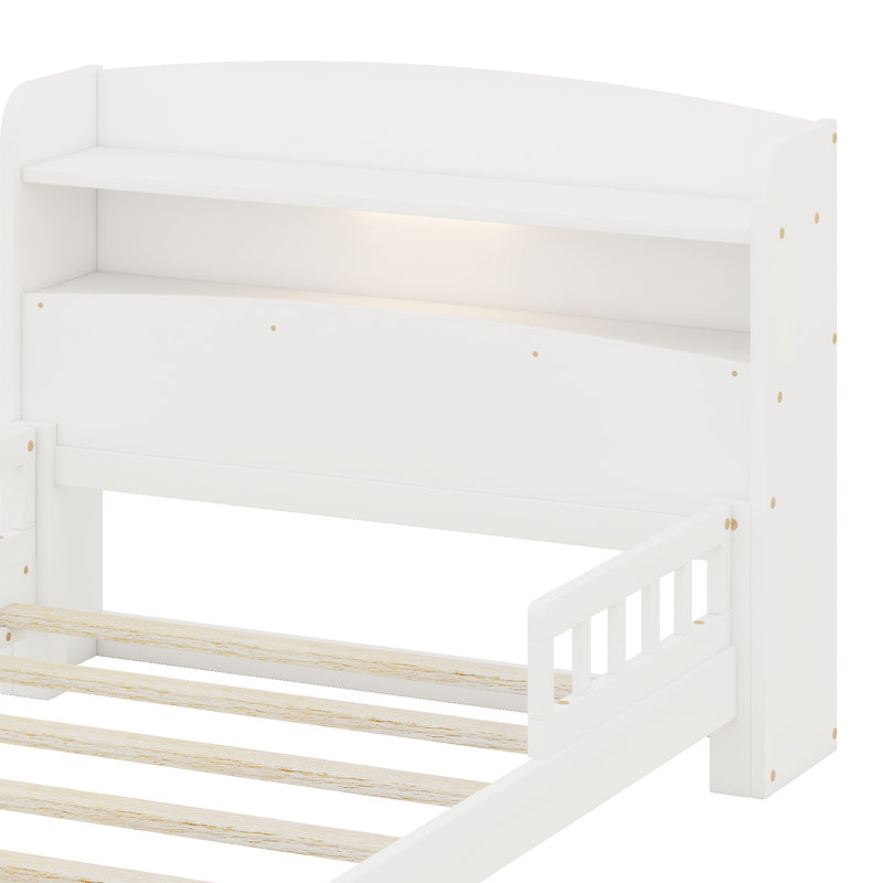 Bois massif avec capteur de mouvement à DEL, bibliothèque de rangement intégrée et garde-corps flexibles, Lit simple, Blanc