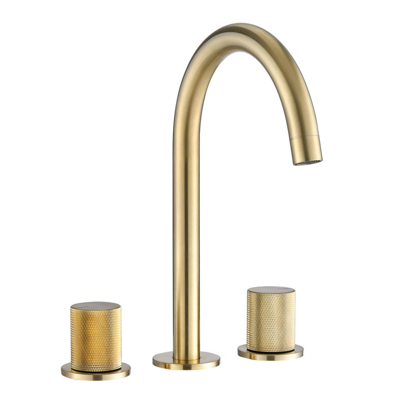 Robinet de salle de bain moderne au fini doré brossé - Entraxe de 20 cm, deux poignées, fonction mousse pour économiser l'eau et fonctionnement silencieux.