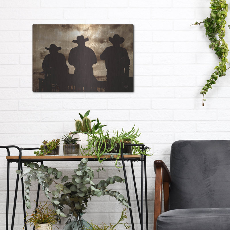 Union rustique «Three Cowboys Sepia» par Nathan Larson, art mural en métal, H 12 po x l 16 po