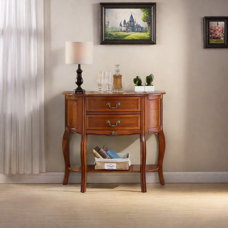 Console demi-ronde en bois massif, H 34,65 po x l 31,5 po x P 13,78 po, Brun