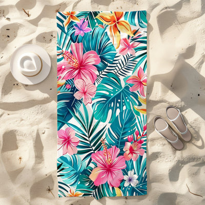  Microfiber Beach Towel Lightweight Travel Towel, Absorbent No Fade,30"x60",Black Tropical Hibiscus