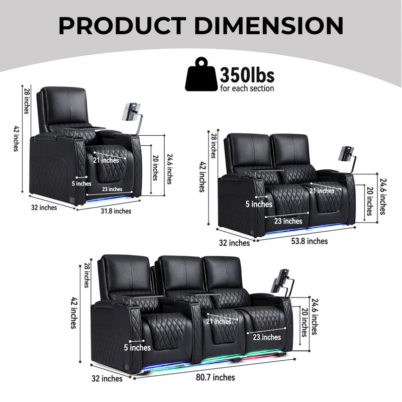 Ensemble de salon inclinable électrique sans gravité en cuir véritable avec soutien lombaire amélioré, appuie-tête réglables, ports USB et rangement