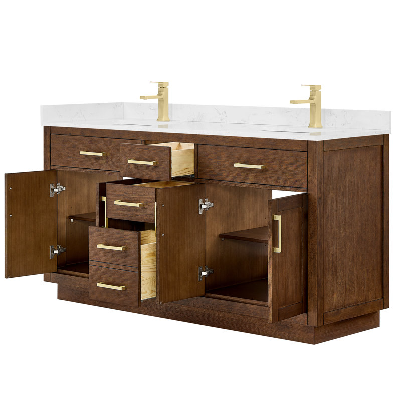 Meuble-lavabo double Beckett, Chêne foncé, Or brossé, Marbre de culture de Carrare