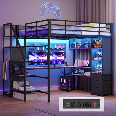 Lit mezzanine double avec bureau et escalier, prises de courant, mezzanine en métal avec lumières RVB, casiers de rangement, tiroirs, tablettes, noir