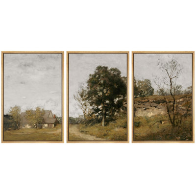 Rural Landscape " Countryside Landscape, Vintage Oil Painting Style Nature Wilderness Illustration Decor " 3 Piece Art Print