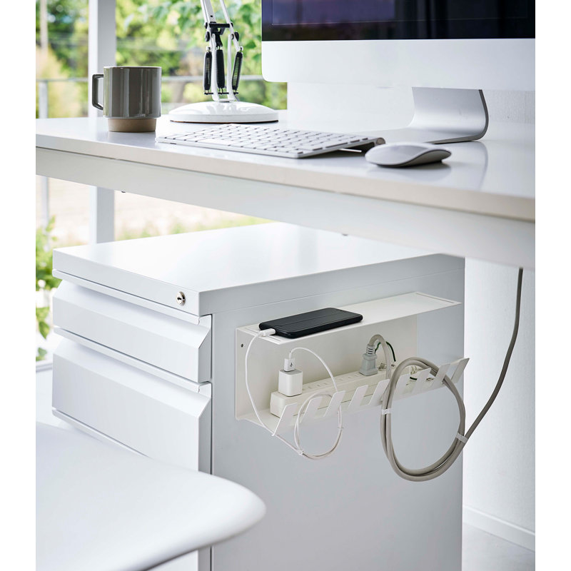 White Steel Under-Desk Cable Organizer with Hooks