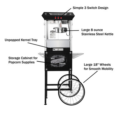 Paducah Popcorn Machine with Cart – 3 Gallon Popcorn Popper – 8oz Kettle, Old Maids Drawer, Warming Tray, and Scoop by Great Northern Popcorn (Black)