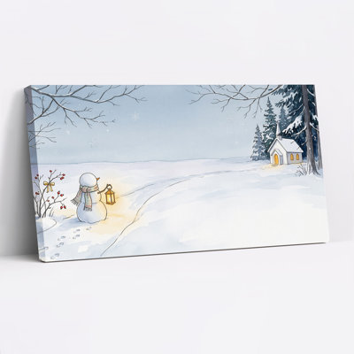«Snowman with Lantern Near Church In Winter Scene», art mural sur toile de Noël