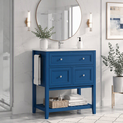 Bathroom Vanity with Ceramic Sink – Freestanding Storage Cabinet with Tip-Out Drawer, 2 Drawers & Open Slatted Shelf, Reversible Side Towel Rack, Silver Handles, MDF