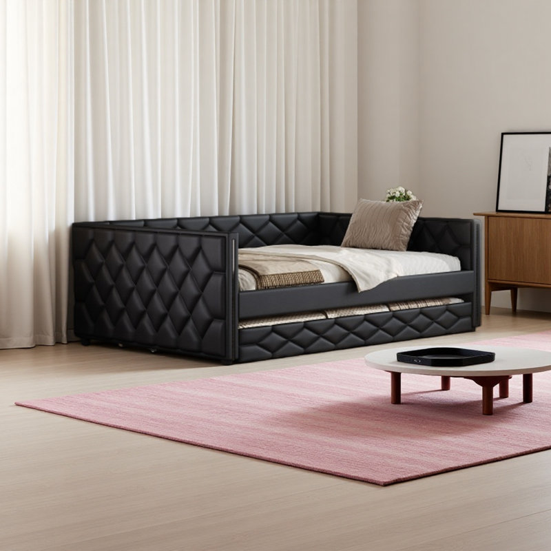 Full XL Size Upholstered Daybed With Trundle And LED, Black