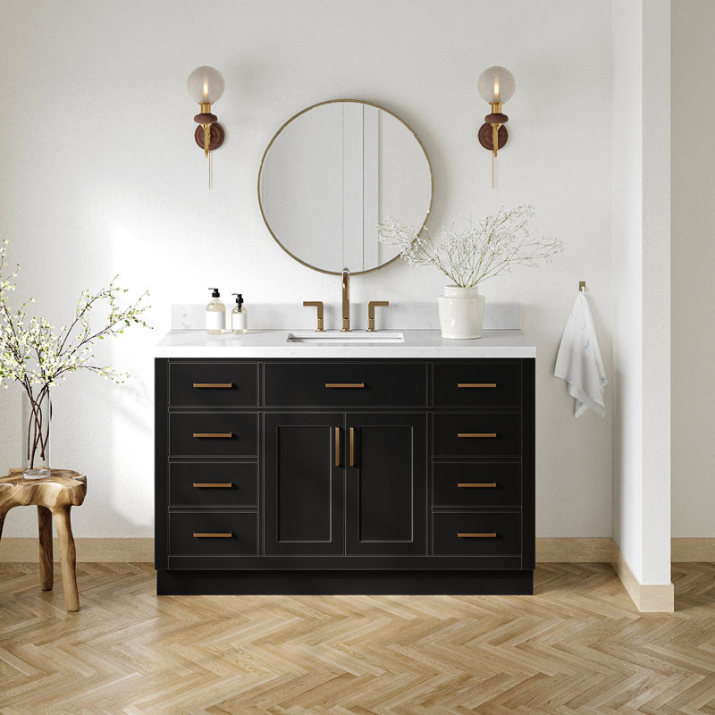 Meuble-lavabo simple en bois massif 54 po Tidworth avec lavabo en quartz Carrara 1,5 po, Forme rectangulaire