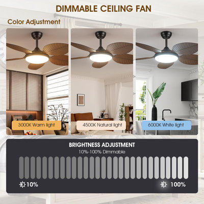 Ventilateurs de plafond tropicaux avec lumières, ventilateur de plafond d'extérieur à feuilles de palmier avec lumière, télécommande / commande APP, moteur CC réversible silencieux, DEL à intensité variable, (brun)