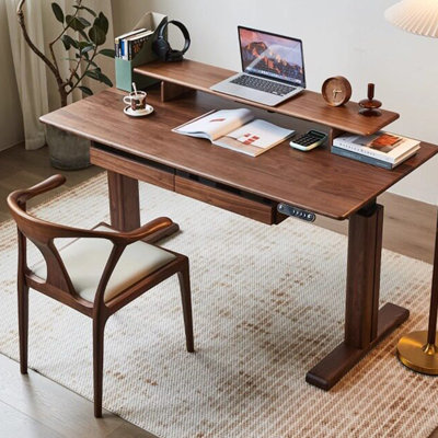 Solid wood height-adjustable desk, pine wood study desk, electric desk with a height-increasing stand with drawers desk