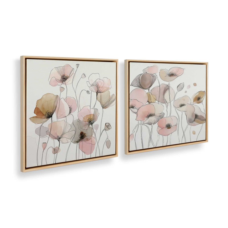 Blush Meadow Blooms, ensemble de 2 impressions, 12 po x 12 po, Cadre flottant en érable américain