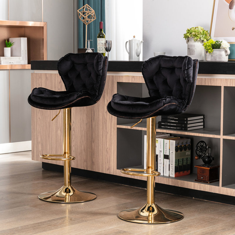 2 tabourets de bar, hauteur de levage mécanique réglable, repose-pieds et base, velours + pieds dorés, chaise de mode noire réglable, tabouret élégant