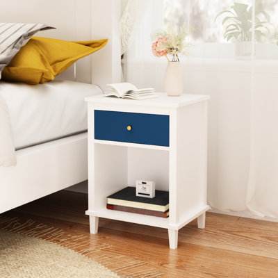 Table de chevet pour adultes, 26,53 po Grand, en bois avec tablette à un tiroir, blanc et bleu marine, poignée dorée, fabrication, fiable, installation rapide, capacité de tablette de 40 lb, lunettes de soleil pour 15 chambres