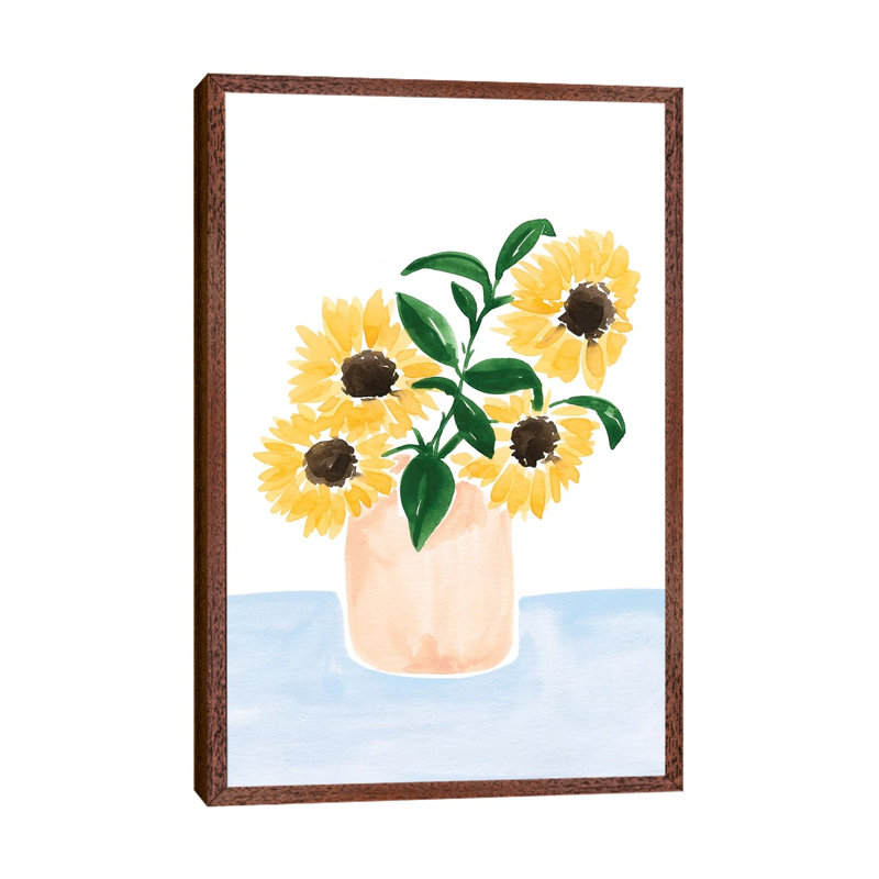 Sunflowers In A Vase by Sabina Fenn - Painting on Canvas, 101.6cm H x 66.04cm W x 3.81cm D, Classic Brown Wood Floater Framed