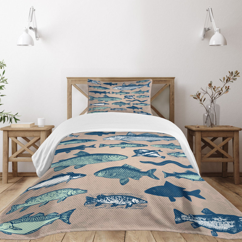Twin White and Blue Fish Quilted Bedspread Set