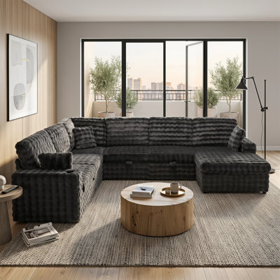 Canapé-lit modulaire en U de 130 po x 100 po avec lit escamotable et méridienne de rangement, ports USB et Type-C, pour le salon, plat de luxe