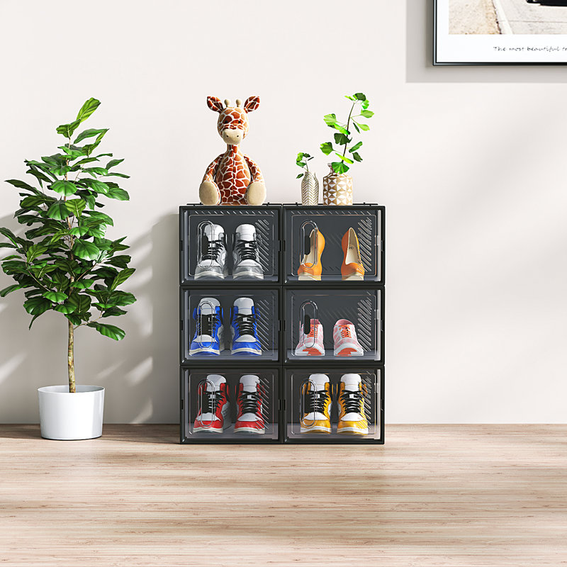 Rangement de chaussures moyen empilable (ensemble de 6), Transparent/noir