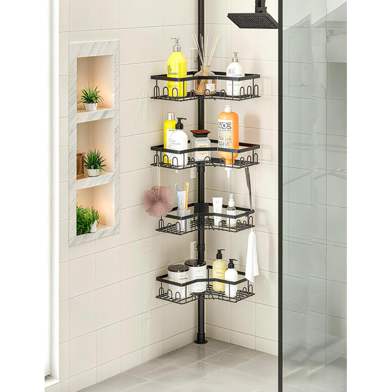 Serviteur de douche d'angle à 4 niveaux avec poteau de tension - Organisateur de rangement de salle de bain réglable pour la douche et la baignoire - Pas de perçage requis, conception peu encombrante
