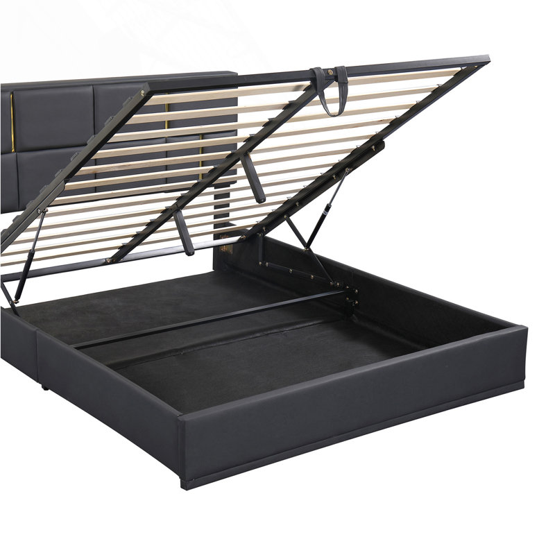 Grand lit plateforme tapissier avec rangement hydraulique, conception élégante et robuste pour les chambres modernes, Noir