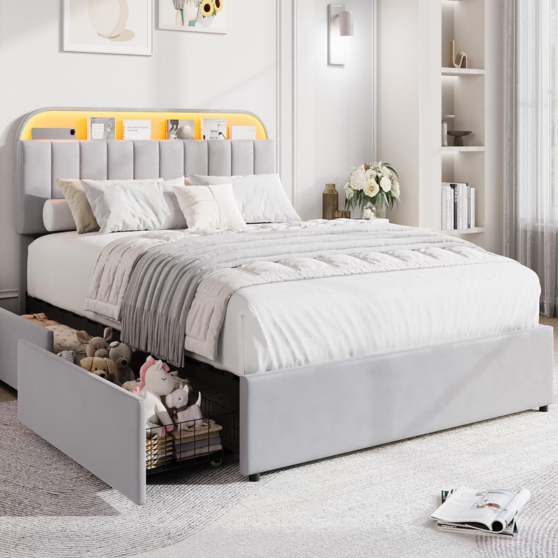 Grand / double / simple lit en velours avec tête de lit réglable et rangement à 2 tiroirs avec plateforme et sommier sans assemblage facile pour la chambre à coucher