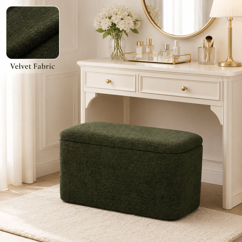 32" Rectangle Velvet Storage Ottoman Bench For Living Room, Dark Green