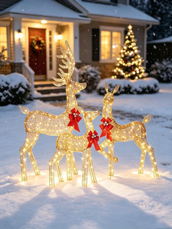 Ensemble de 3 pièces de famille de cerfs de Noël illuminés, décoration de vacances extérieure scintillante dorée, imperméable