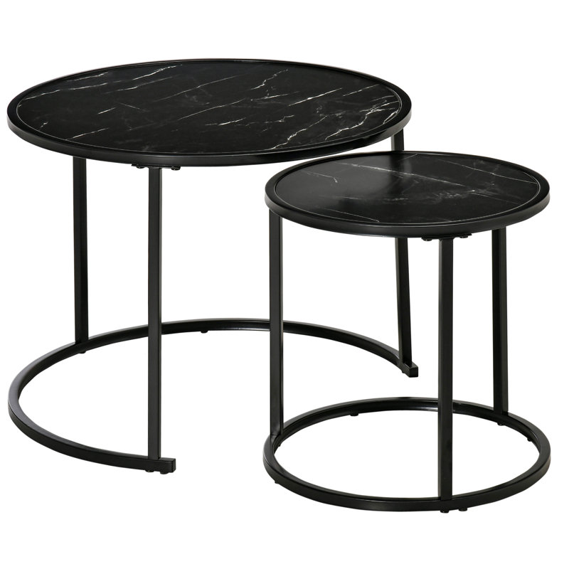 Ensemble de 2 tables basses gigognes rondes empilables Orren Ellis, Noir, noir, noir, noir