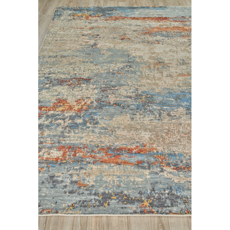 Laureno Abstract Hand-Knotted Synthetic Blue/Gray Area Rug, Rectangle 10' x 14'