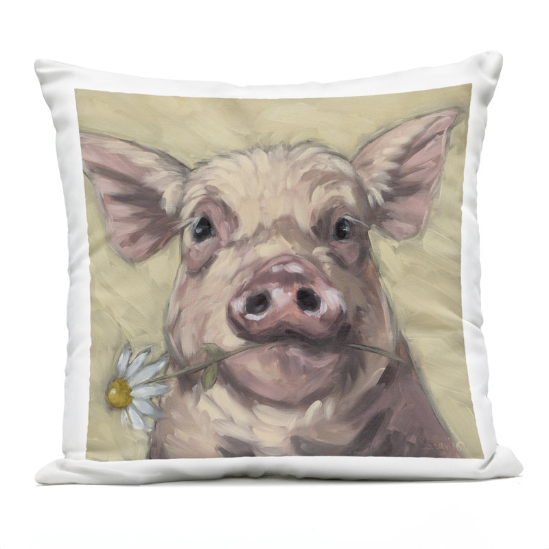 Oreiller imprimé cochon tenant une marguerite