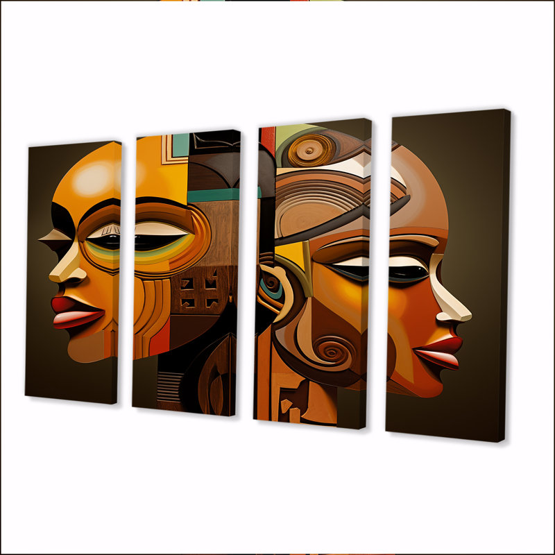 Ensemble de 4 décorations murales Kushite Vision Minimal Contemporary - Masque africain, H 28 po x l 48 po