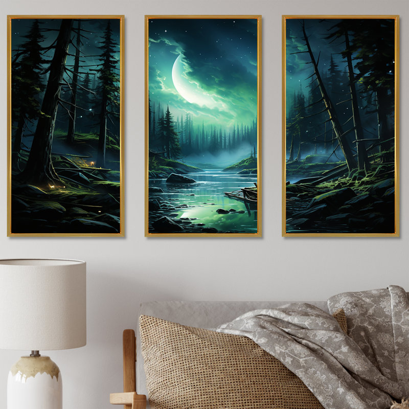 Northern Lights Forest Dreams II - forêt et rivière, art mural, H 28 po x l 36 po, Cadre flottant doré
