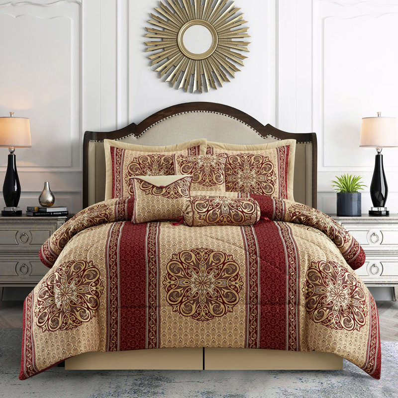 Myhand Microfiber 7 Piece Comforter Set, California King Comforter + 6 Additional Pieces, Wine/Gold