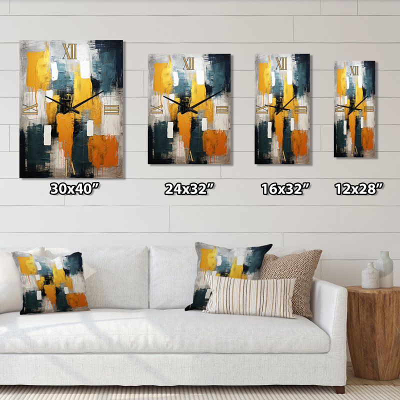 Horloge murale moderne Bliss Of Happiness en jaune et bleu VI - Collages abstraits, Grand