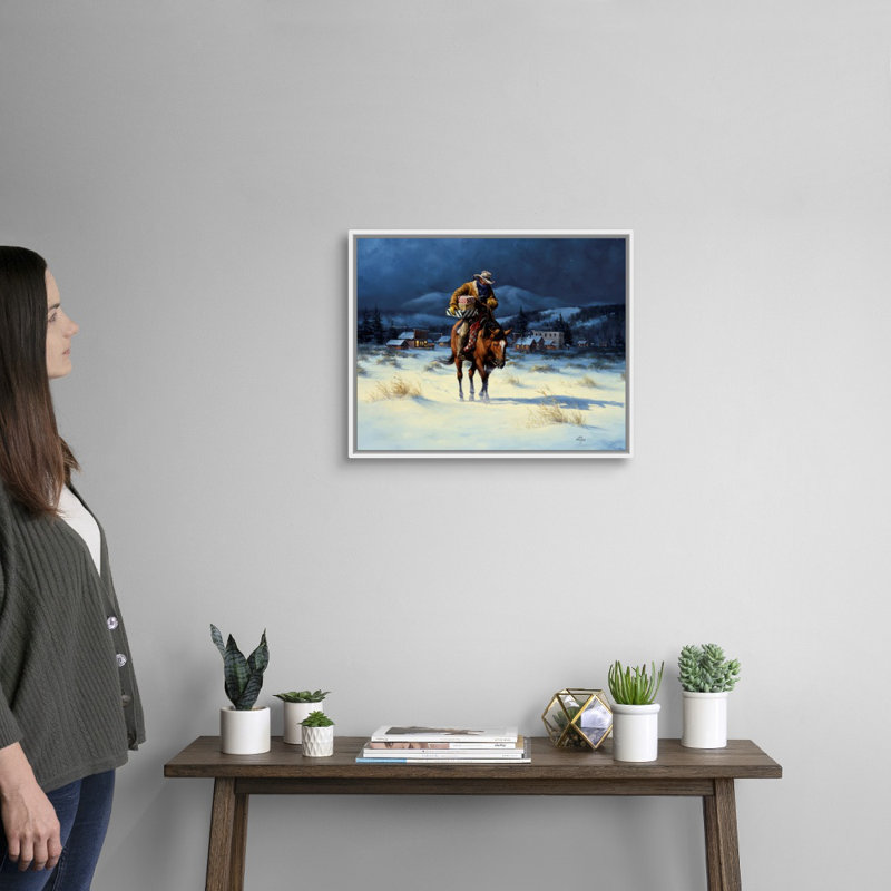 «Bringing Christmas Home» par Jack Sorenson - reproduction d'art sur toile, Cadre blanc, H 18 po x l 22 po x P 1,75 po