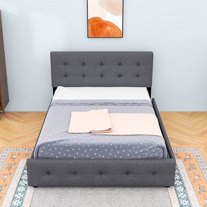 Lit plateforme tapissier 2 tiroirs avec lit gigogne simple TG et tête de lit capitonnée, Gris foncé