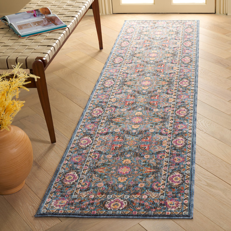 Tapis oriental en polyester tissé à la machine en bleu / noir, Tapis de couloir 2 pi 2 po x 8 pi
