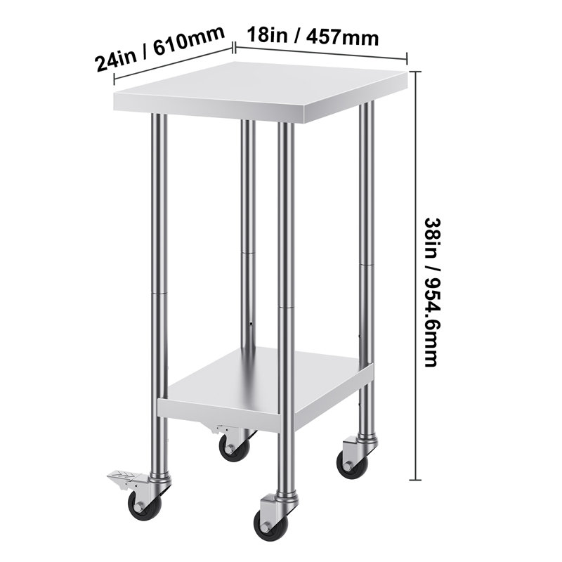 Stainless Steel Work Table 24 x 18 x 38 Inch, with 4 Wheels, 3 Adjustable Height Levels