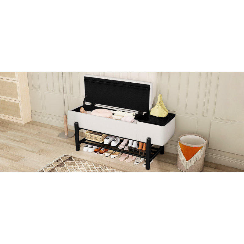 Contemporary Upholstered Storage Bench, Black Finish, Beige Upholstery, Rubber Wood Legs, Arc - Shaped Sanded Organized