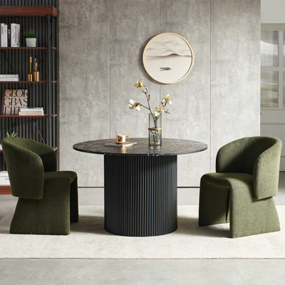 3-Piece Dining Table Set, Wood Top, Faux Fur Armchairs