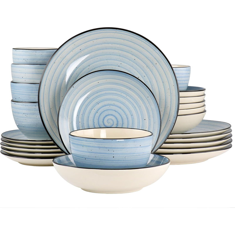 Service de table en grès 24 pièces, assiettes et bols ronds peints à la main, Bleu clair