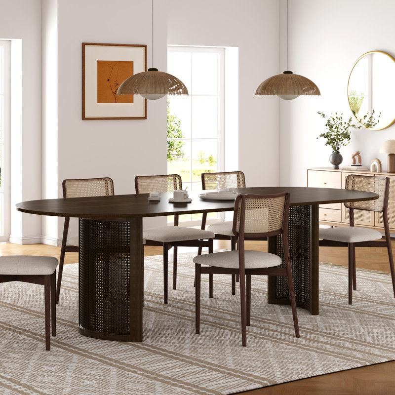 Table de cuisine ovale en bois H 30 po x P 33,5 po avec double caisson en rotin, H 30 po x L 79 po x l 33,5 po, Noyer