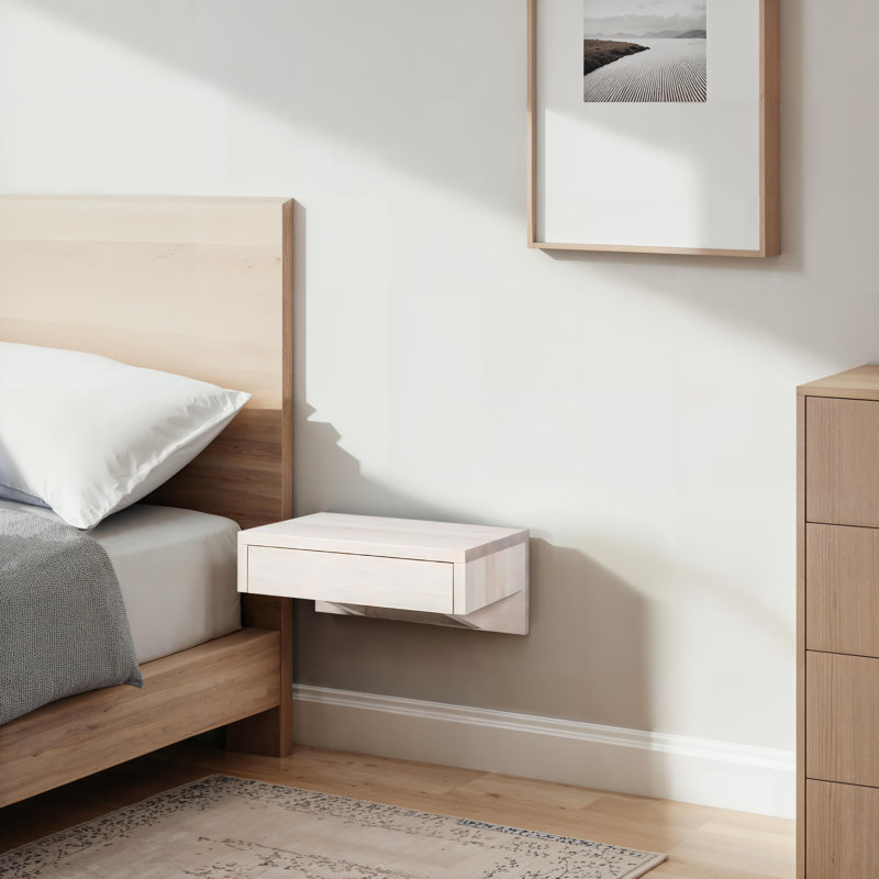 Perkin - Small Floating Nightstand White Finish With Drawer, Solid Wood Wall Drawer