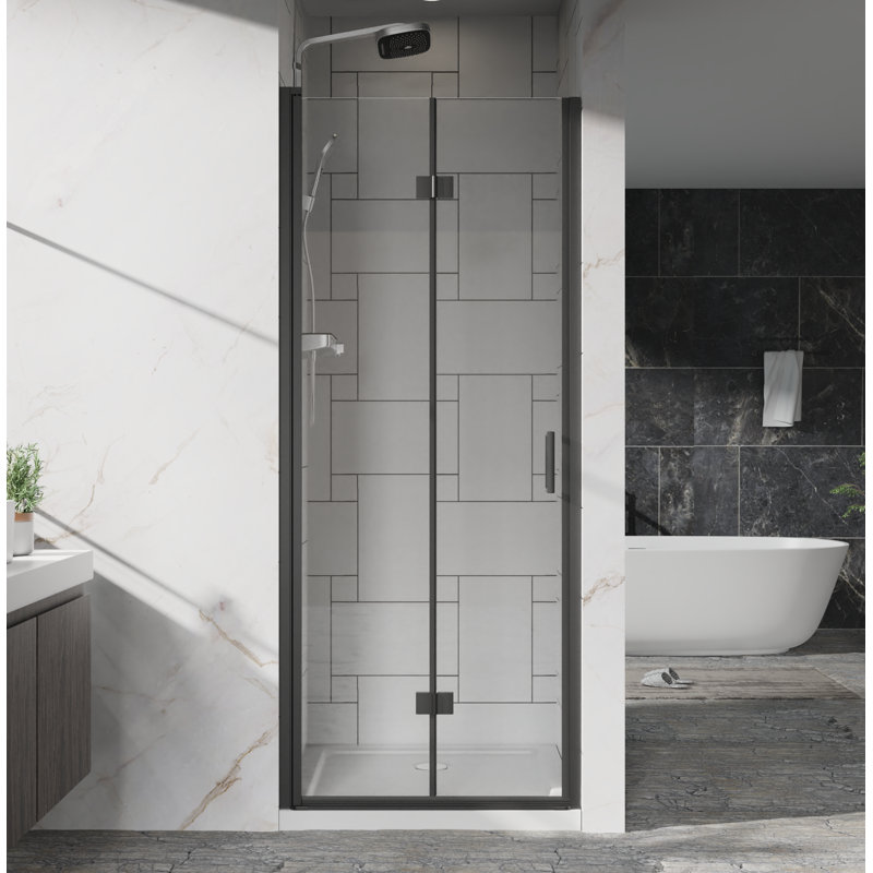 32 po x 72 po Porte de douche pivotante en verre pliable sans cadre 1/4 de pouce (6 mm) Panneau de douche en verre trempé transparent au fini noir, installation réversible
