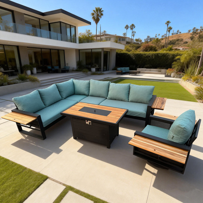 Ensemble de conversation modulaire d'extérieur en aluminium noir avec coussins en fonte 6 pièces Busby, Vert