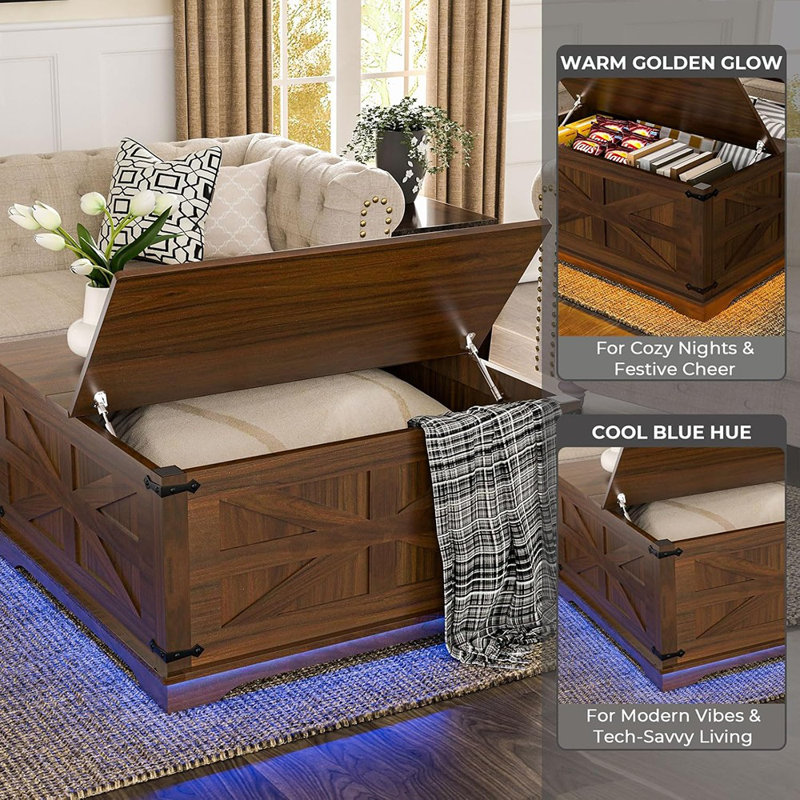 Table basse à plateau relevable avec rangement, prise de courant et port USB, table centrale carrée en bois avec roulettes