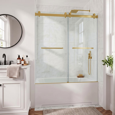 Porte de baignoire pour douche coulissante double sans cadre de 50 à 55 po x H 66 po avec film incassable de 3/8 po (10 mm) et roulettes silencieuses