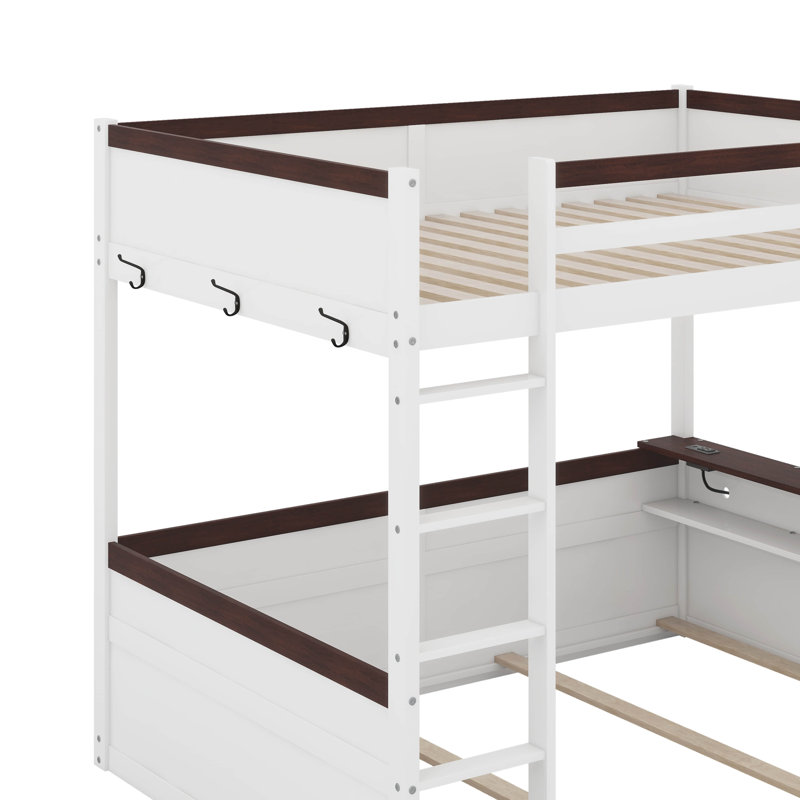 Grand lit superposé en bois avec tablettes intégrées, lumière DEL et station de charge USB, Blanc